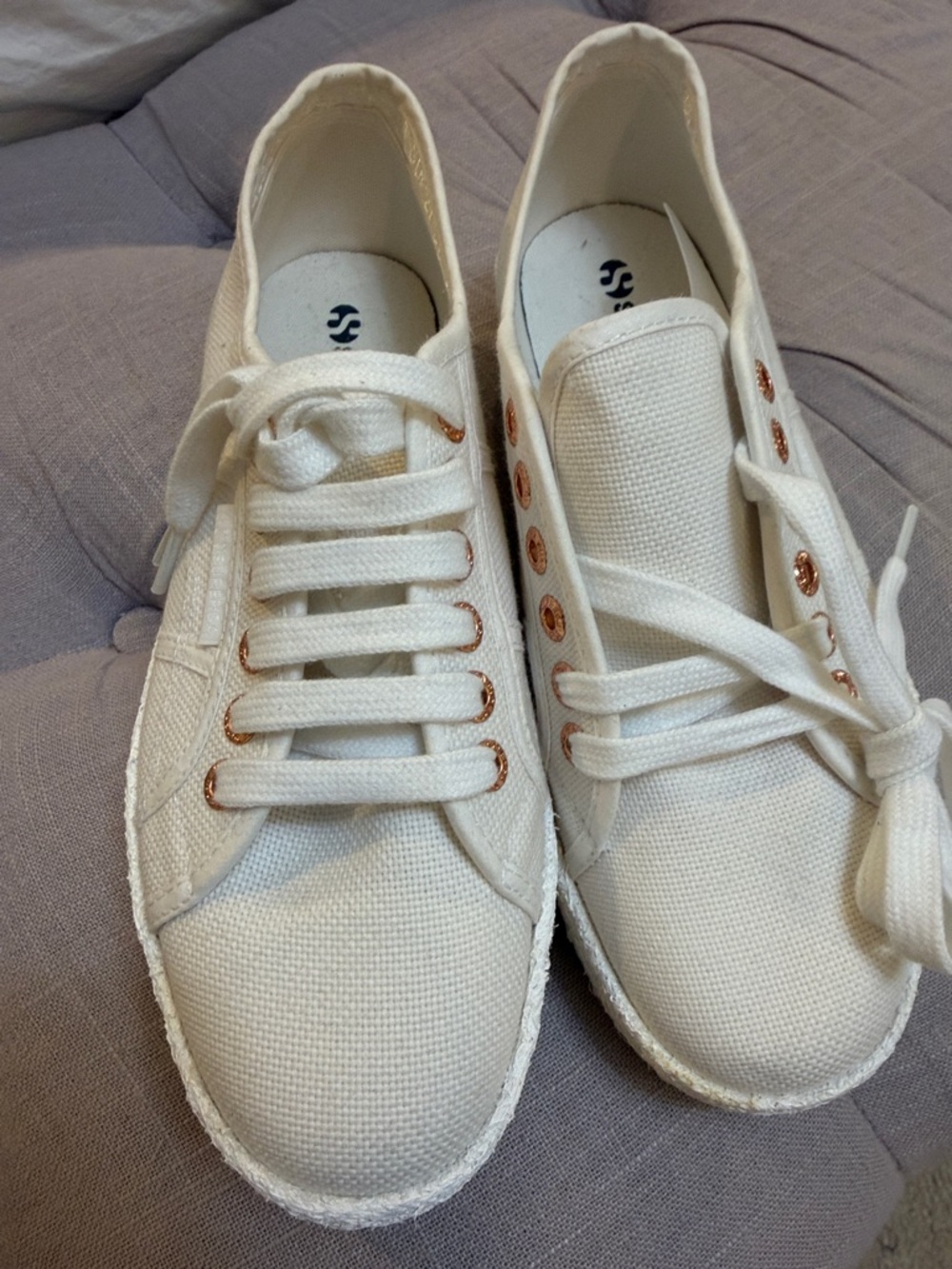 Superga 2730 Size 39 Off White Canvas Rope Sole w Rose Gold Eyelets